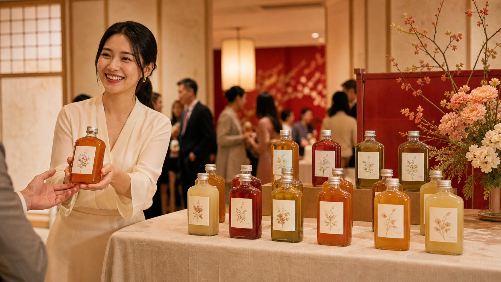 香港活動接待員在茶飲桌前向賓客遞上一瓶手工茶，桌上陳列多款飲品