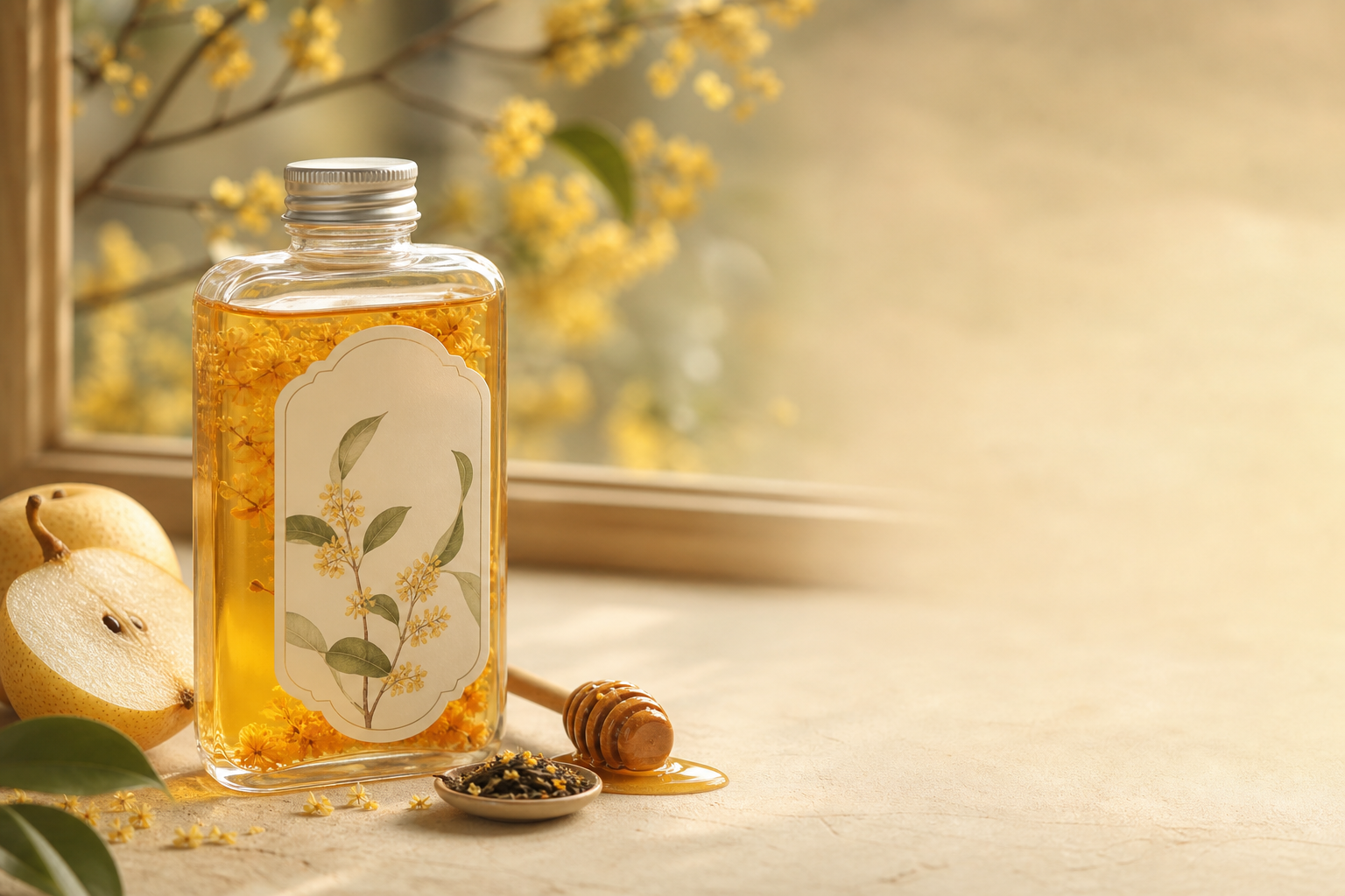 窗邊金色陽光下的蜂蜜桂花茶，配以梨、蜂蜜和桂花